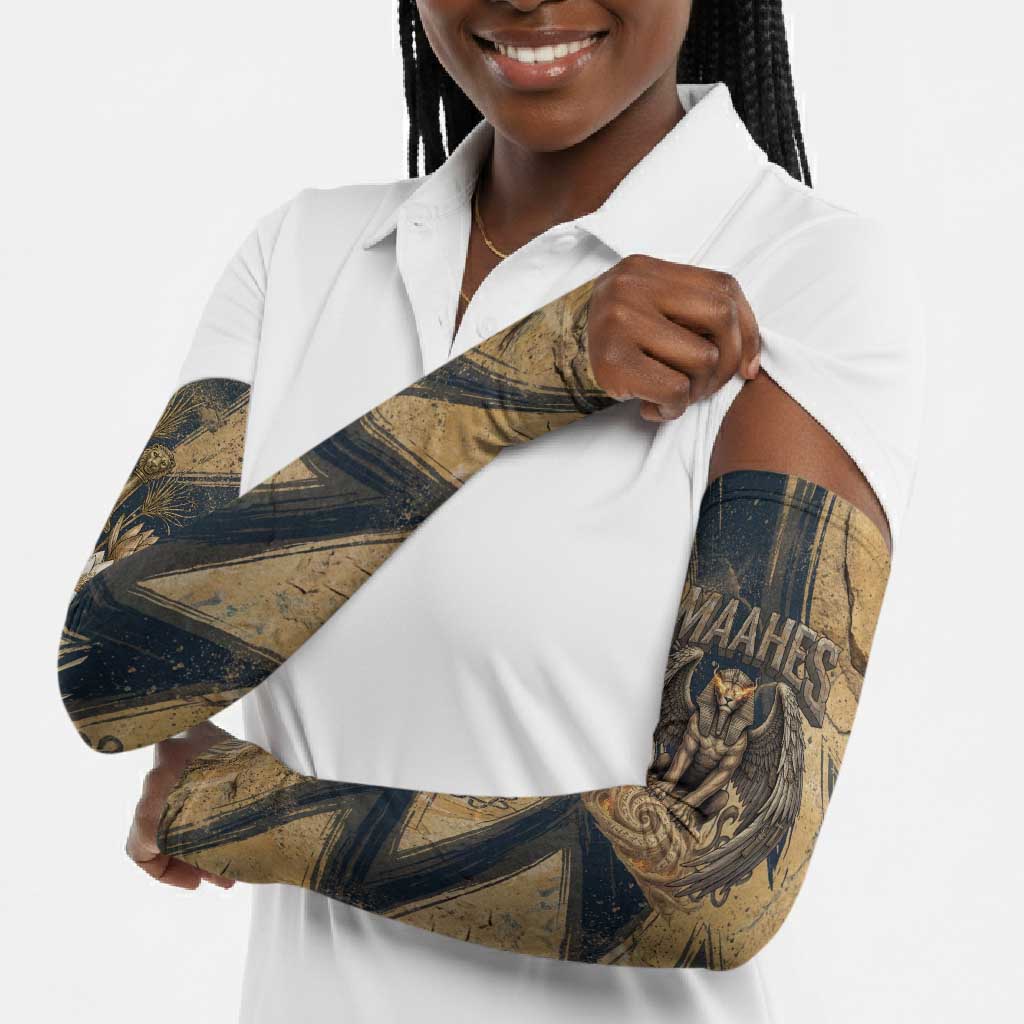 Maahes Ancient Egyptian Arm Sleeves Geometric Pattern Winged Lion Deity, and Sacred Lotus Motif - African Pride