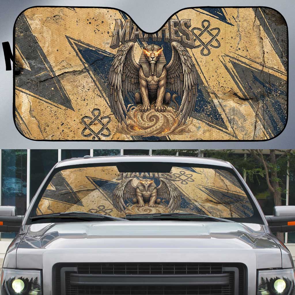 Maahes Ancient Egyptian Auto Sun Shade Geometric Pattern Winged Lion Deity, and Sacred Lotus Motif - African Pride