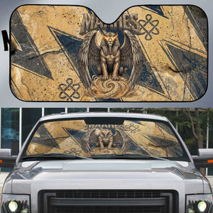 Maahes Ancient Egyptian Auto Sun Shade Geometric Pattern Winged Lion Deity, and Sacred Lotus Motif - African Pride