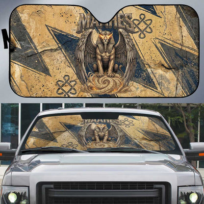 Maahes Ancient Egyptian Auto Sun Shade Geometric Pattern Winged Lion Deity, and Sacred Lotus Motif - African Pride