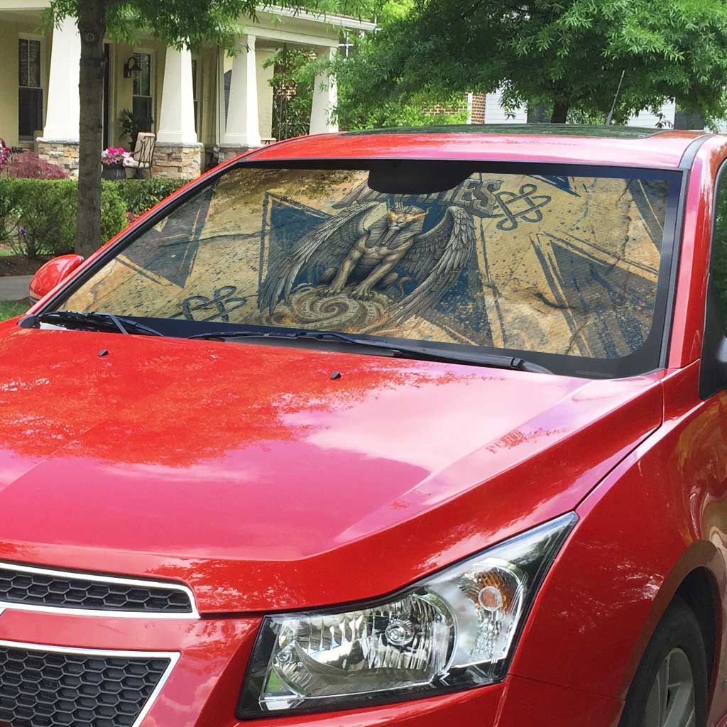 Maahes Ancient Egyptian Auto Sun Shade Geometric Pattern Winged Lion Deity, and Sacred Lotus Motif - African Pride
