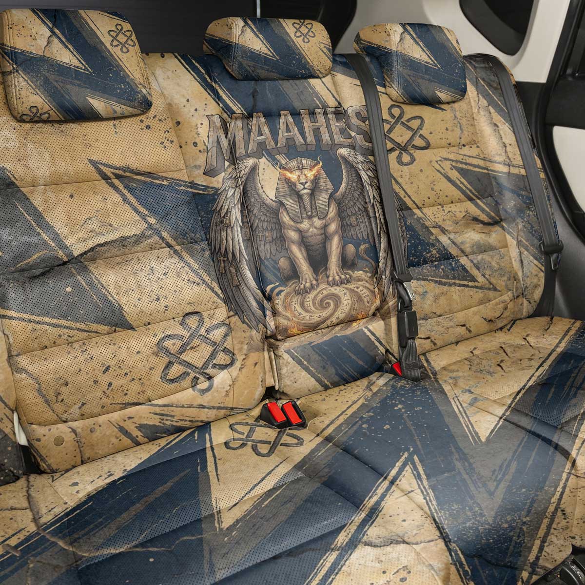 Maahes Ancient Egyptian Back Car Seat Cover Geometric Pattern Winged Lion Deity, and Sacred Lotus Motif - African Pride