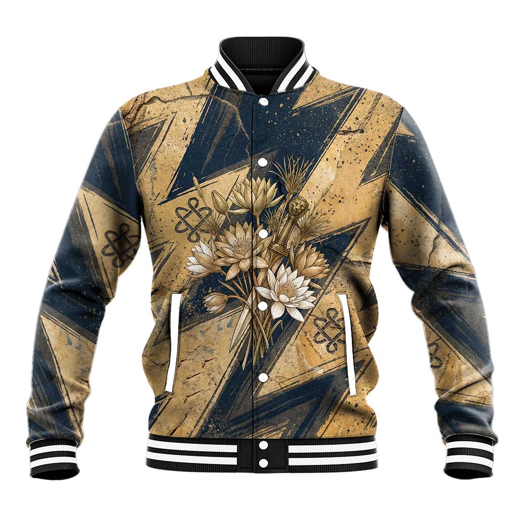 Maahes Ancient Egyptian Baseball Jacket Geometric Pattern Winged Lion Deity, and Sacred Lotus Motif - African Pride