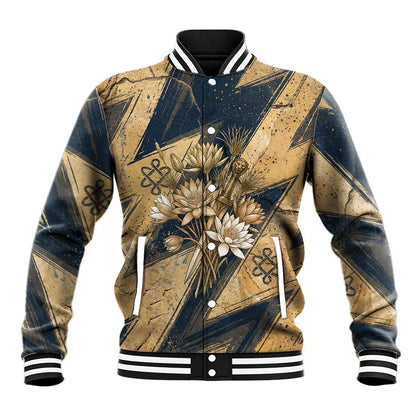 Maahes Ancient Egyptian Baseball Jacket Geometric Pattern Winged Lion Deity, and Sacred Lotus Motif - African Pride