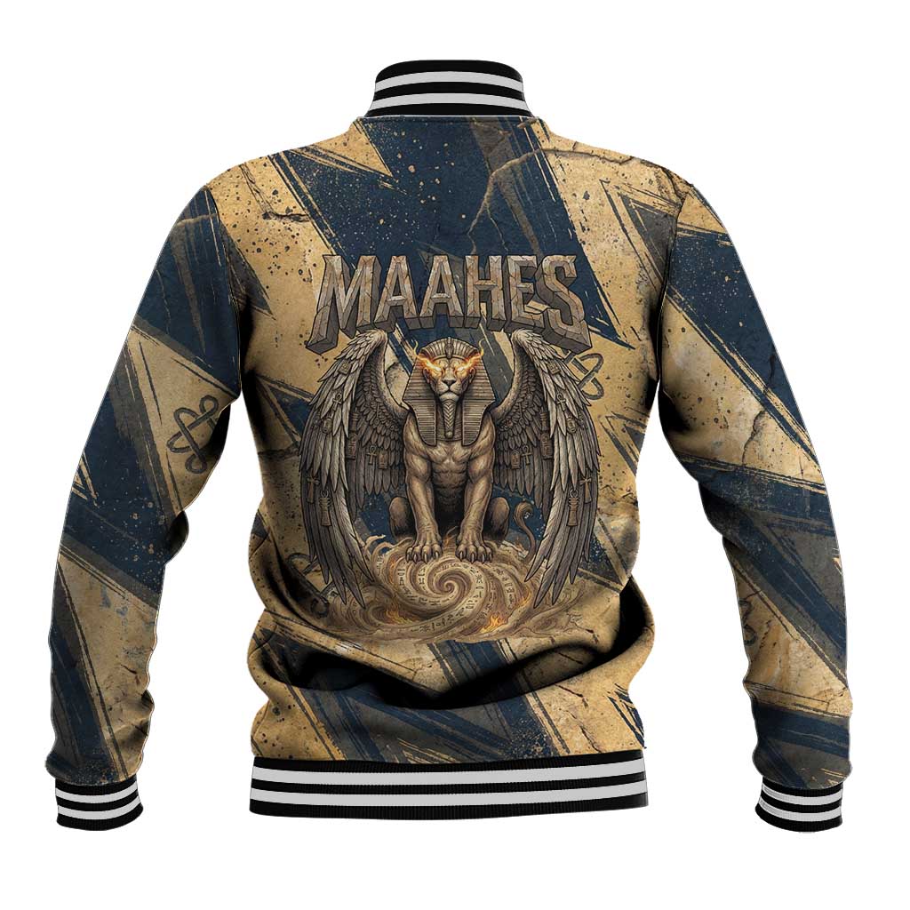 Maahes Ancient Egyptian Baseball Jacket Geometric Pattern Winged Lion Deity, and Sacred Lotus Motif - African Pride