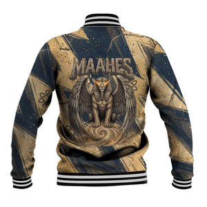 Maahes Ancient Egyptian Baseball Jacket Geometric Pattern Winged Lion Deity, and Sacred Lotus Motif - African Pride