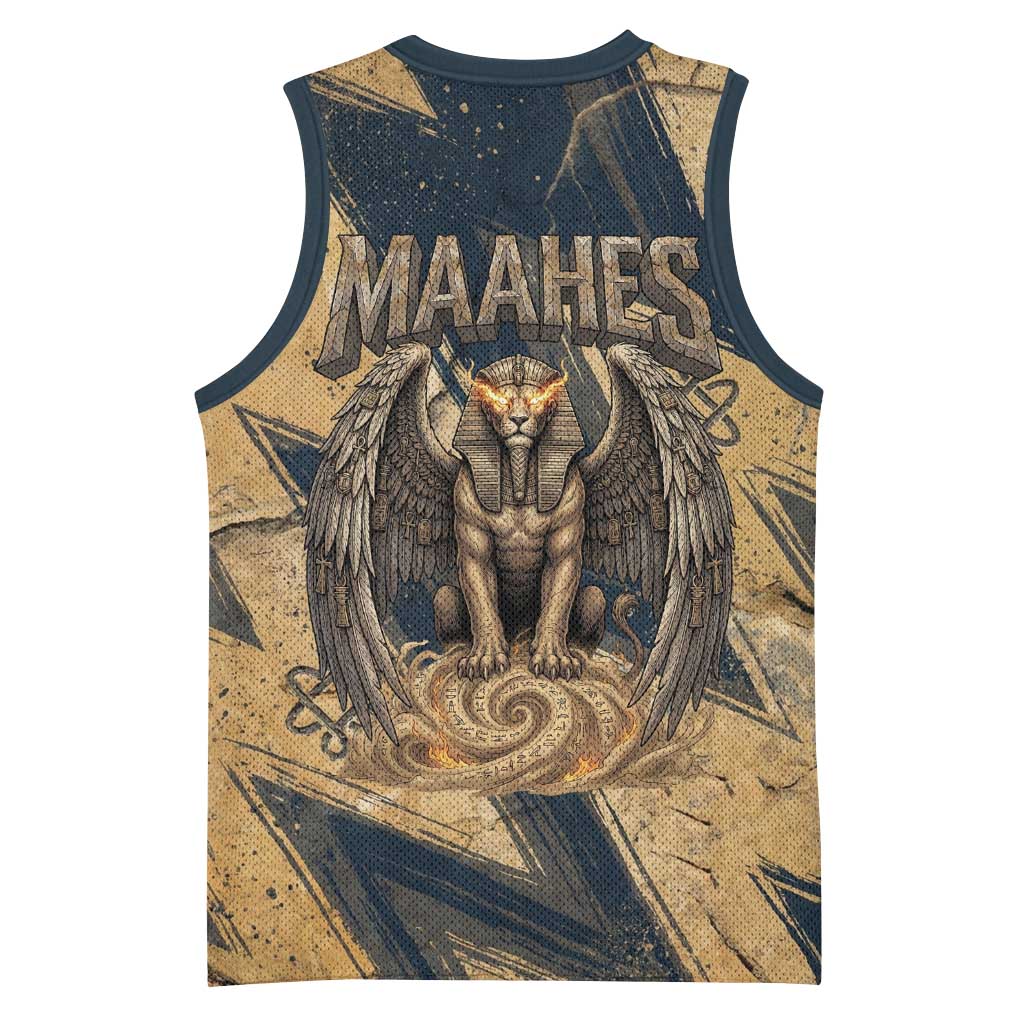Maahes Ancient Egyptian Basketball Jersey Geometric Pattern Winged Lion Deity, and Sacred Lotus Motif - African Pride