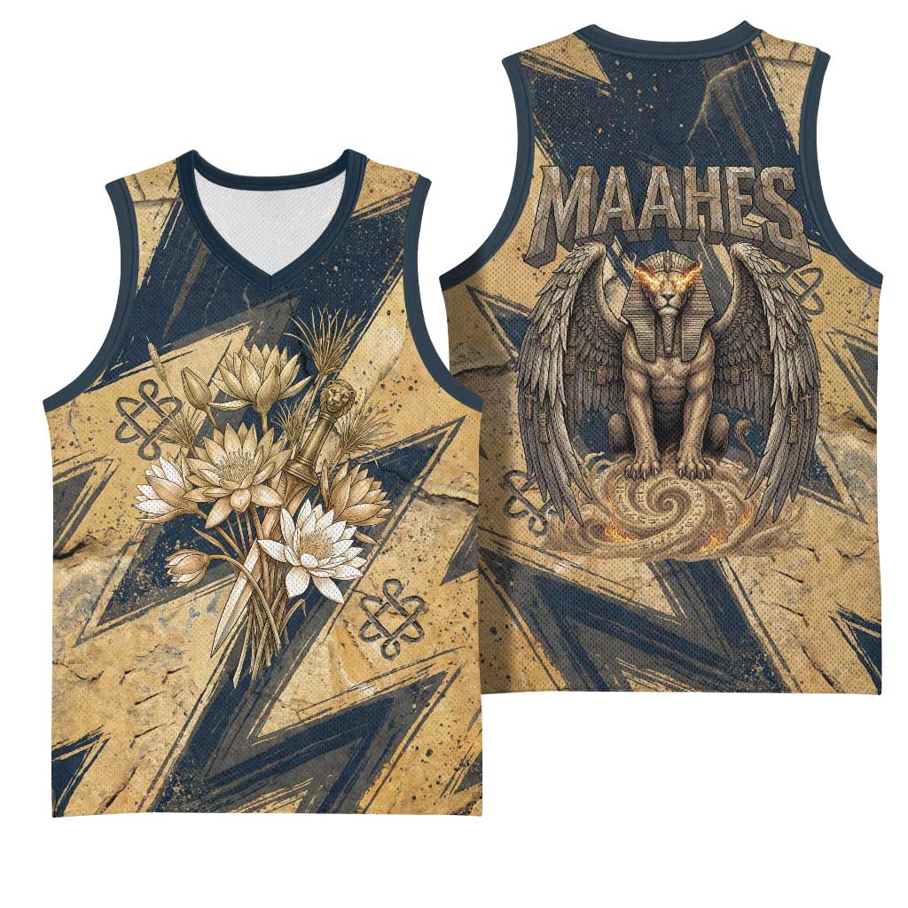 Maahes Ancient Egyptian Basketball Jersey Geometric Pattern Winged Lion Deity, and Sacred Lotus Motif - African Pride