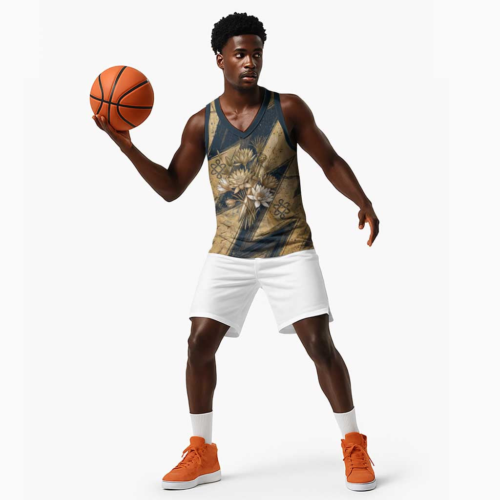 Maahes Ancient Egyptian Basketball Jersey Geometric Pattern Winged Lion Deity, and Sacred Lotus Motif - African Pride