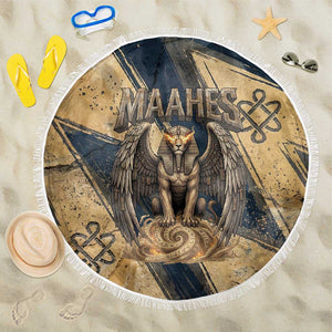Maahes Ancient Egyptian Beach Blanket Geometric Pattern Winged Lion Deity, and Sacred Lotus Motif - African Pride