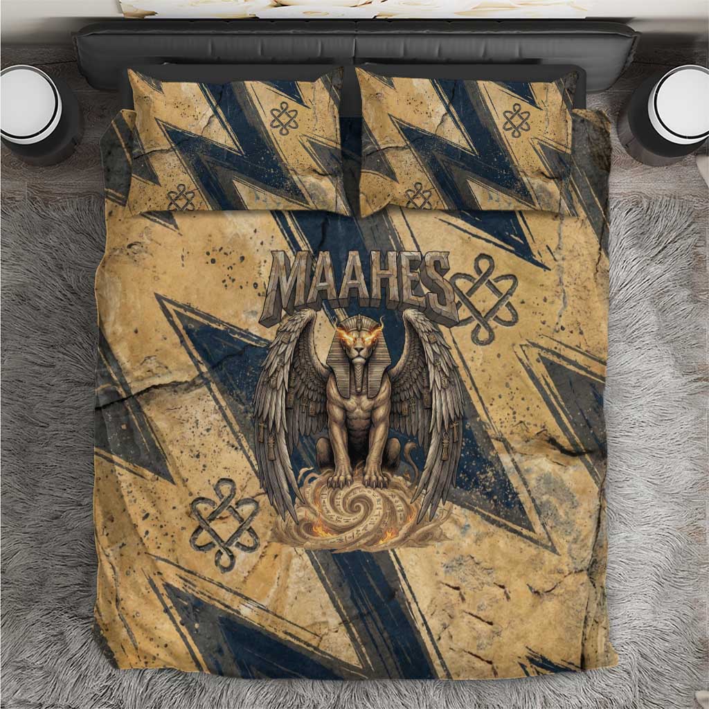 Maahes Ancient Egyptian Bedding Set Geometric Pattern Winged Lion Deity, and Sacred Lotus Motif - African Pride