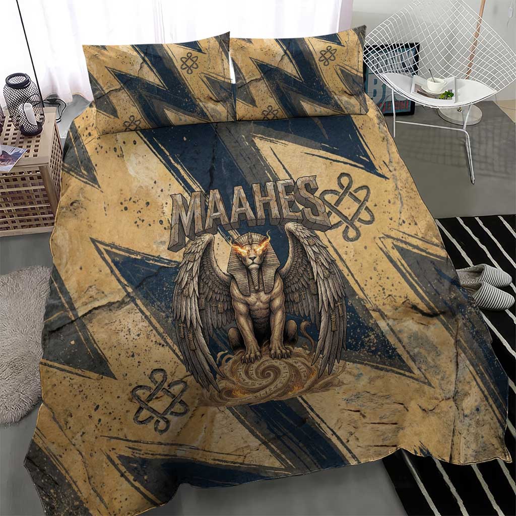 Maahes Ancient Egyptian Bedding Set Geometric Pattern Winged Lion Deity, and Sacred Lotus Motif - African Pride