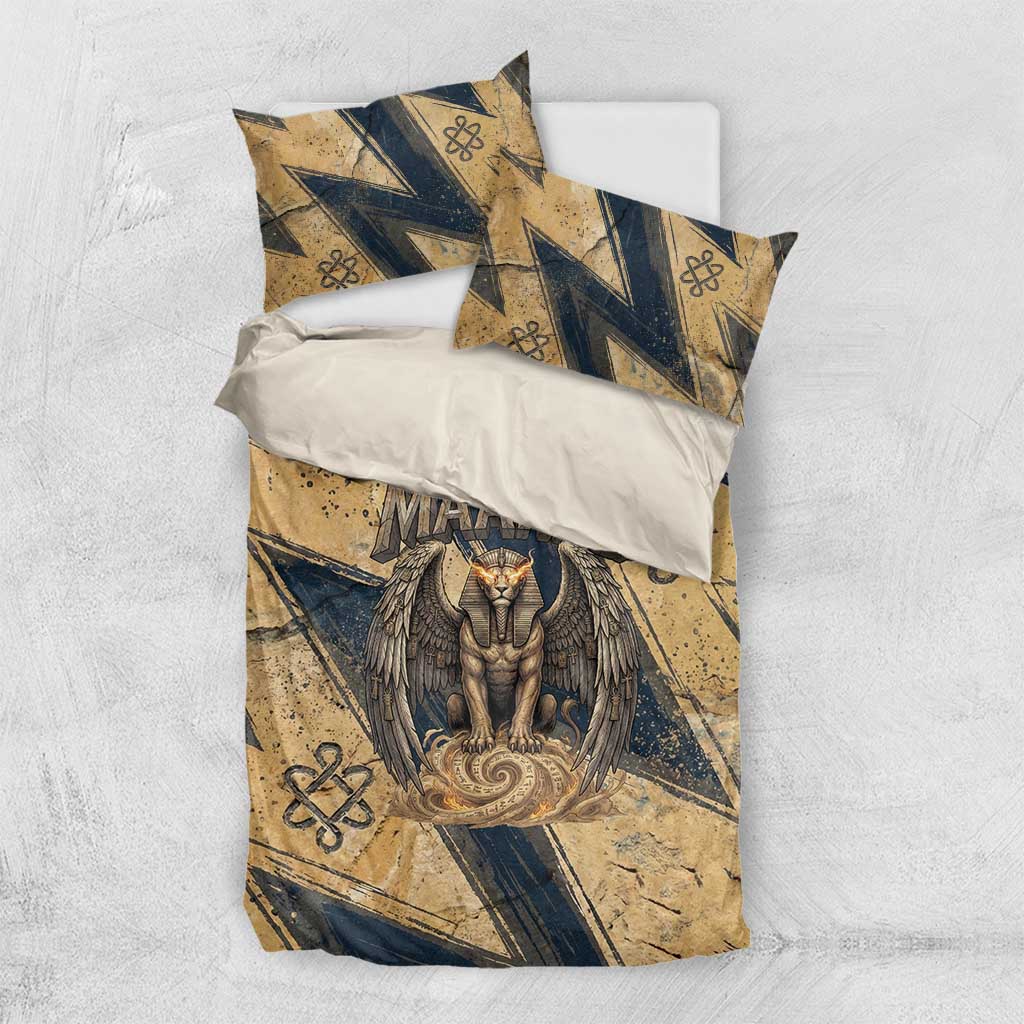 Maahes Ancient Egyptian Bedding Set Geometric Pattern Winged Lion Deity, and Sacred Lotus Motif - African Pride
