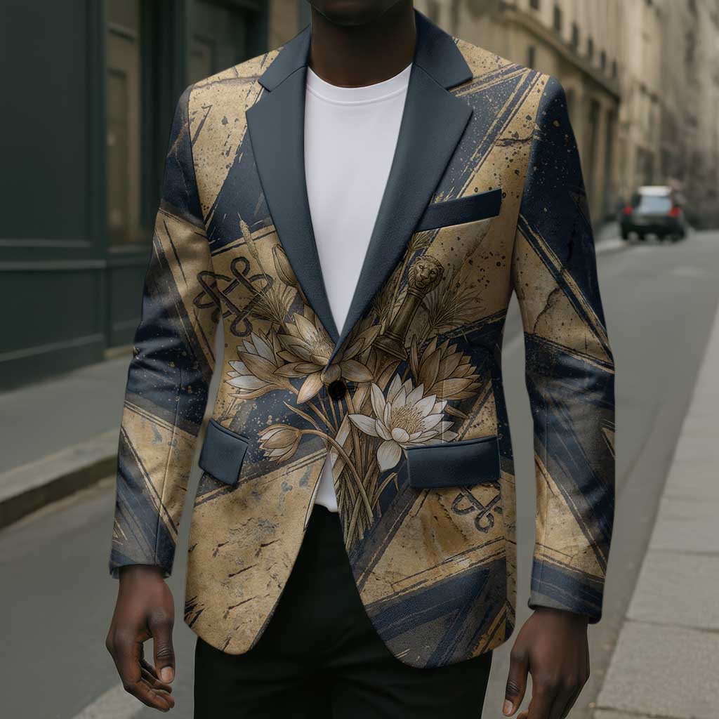 Maahes Ancient Egyptian Blazer Geometric Pattern Winged Lion Deity, and Sacred Lotus Motif - African Pride