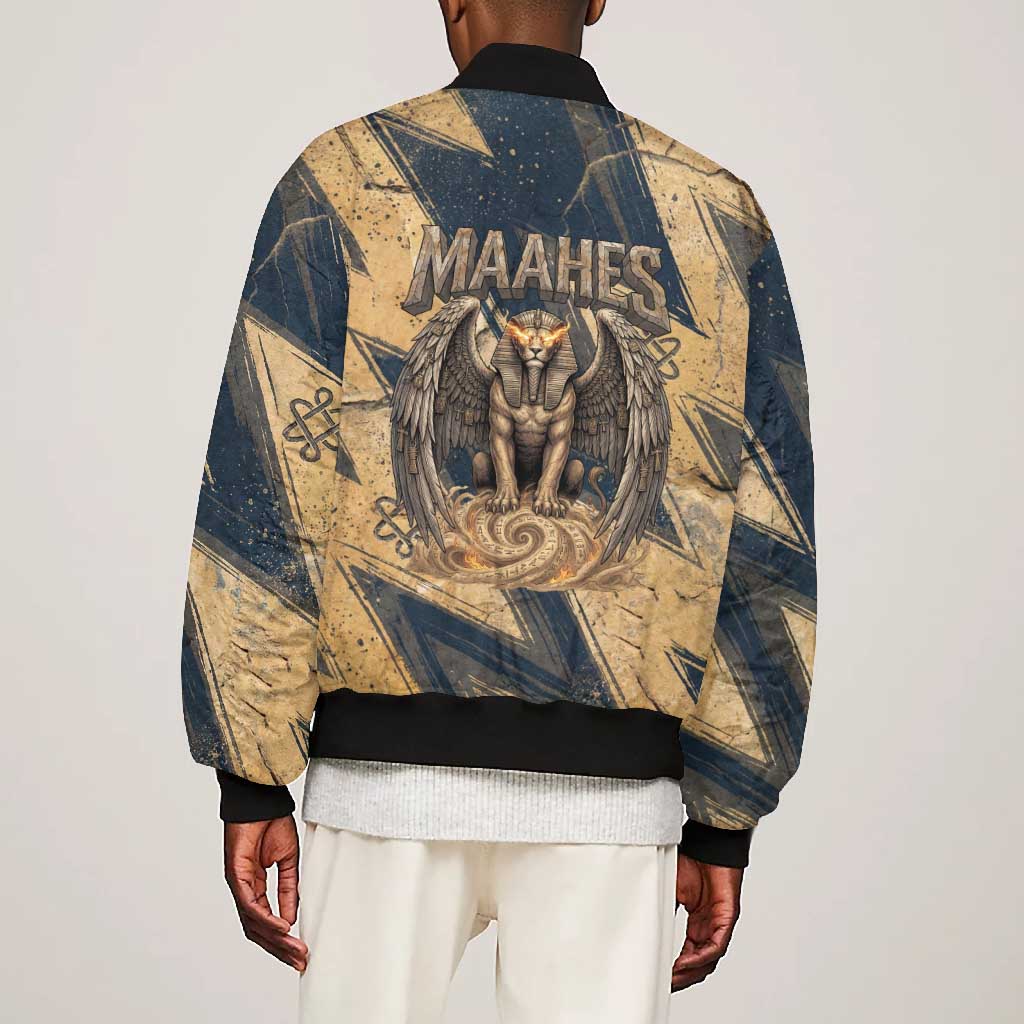 Maahes Ancient Egyptian Bomber Jacket Geometric Pattern Winged Lion Deity, and Sacred Lotus Motif - African Pride