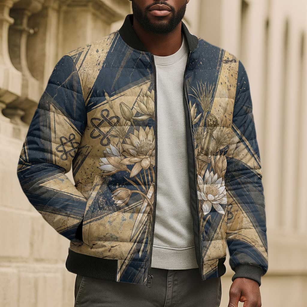 Maahes Ancient Egyptian Bomber Puffer Jacket Geometric Pattern Winged Lion Deity, and Sacred Lotus Motif - African Pride