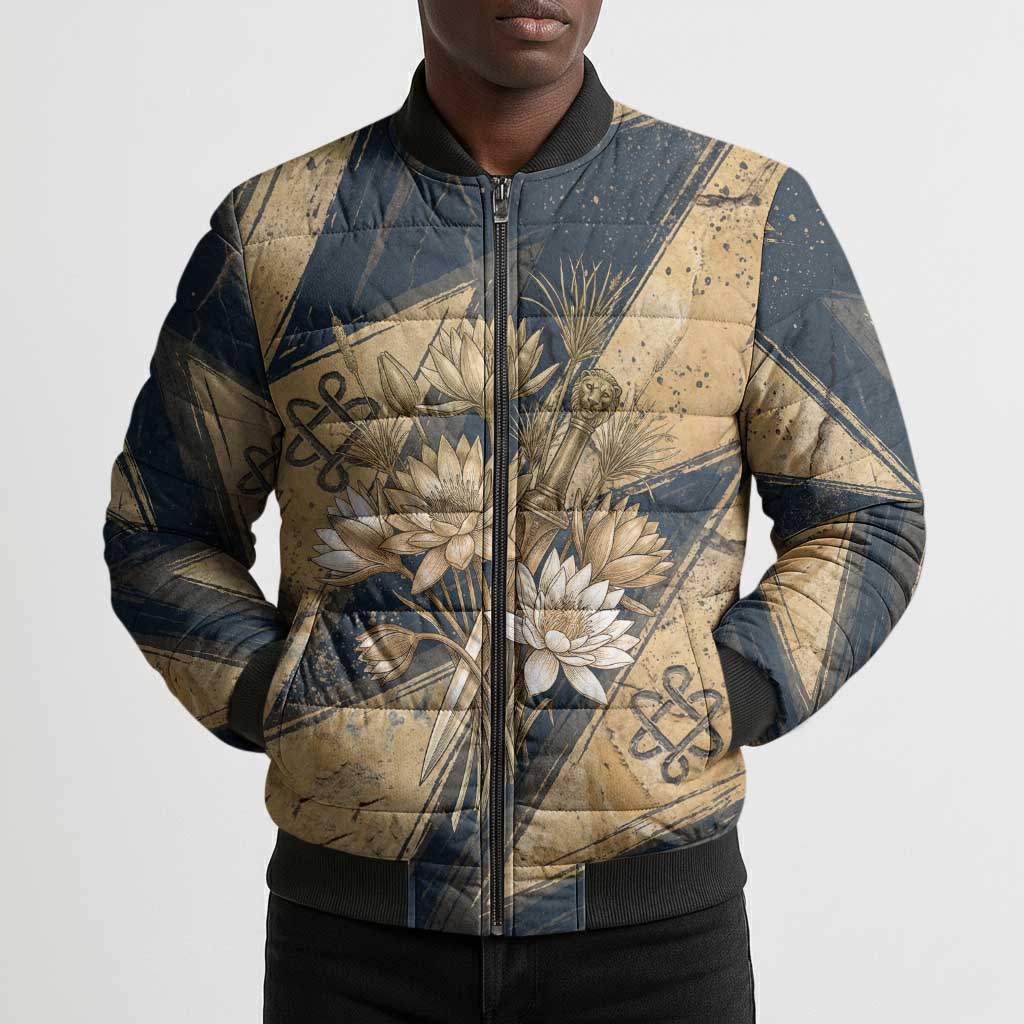 Maahes Ancient Egyptian Bomber Puffer Jacket Geometric Pattern Winged Lion Deity, and Sacred Lotus Motif - African Pride