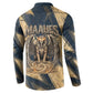 Maahes Ancient Egyptian Button Sweatshirt Geometric Pattern Winged Lion Deity, and Sacred Lotus Motif