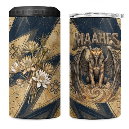 Maahes Ancient Egyptian 4 in 1 Can Cooler Tumbler Geometric Pattern Winged Lion Deity, and Sacred Lotus Motif - African Pride