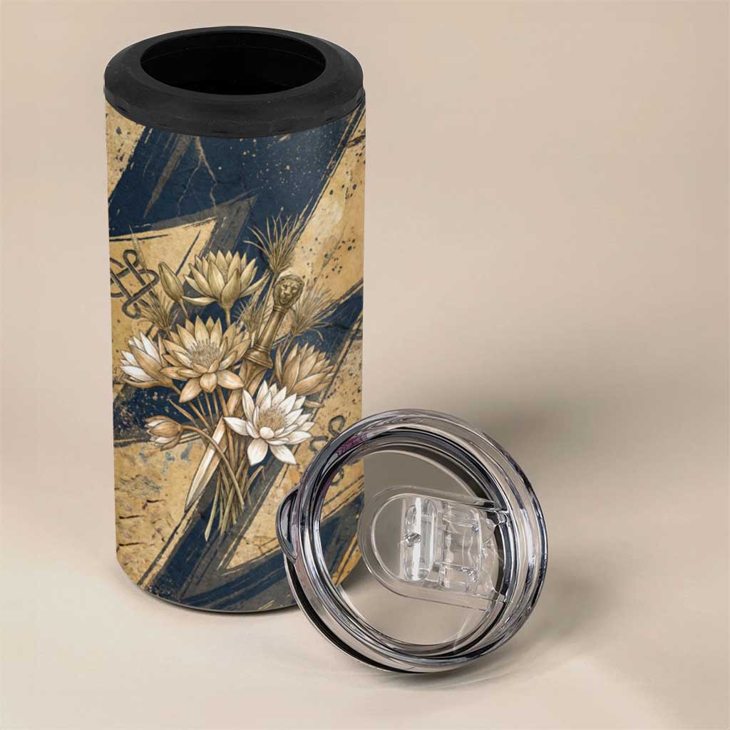 Maahes Ancient Egyptian 4 in 1 Can Cooler Tumbler Geometric Pattern Winged Lion Deity, and Sacred Lotus Motif - African Pride