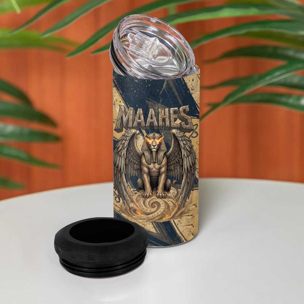 Maahes Ancient Egyptian 4 in 1 Can Cooler Tumbler Geometric Pattern Winged Lion Deity, and Sacred Lotus Motif - African Pride