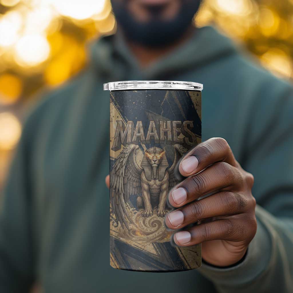 Maahes Ancient Egyptian 4 in 1 Can Cooler Tumbler Geometric Pattern Winged Lion Deity, and Sacred Lotus Motif - African Pride