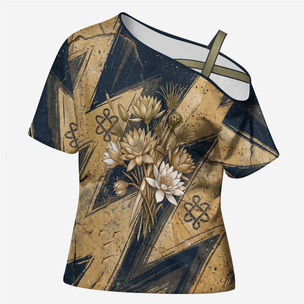 Maahes Ancient Egyptian Cross Shoulder Shirt Geometric Pattern Winged Lion Deity, and Sacred Lotus Motif - African Pride