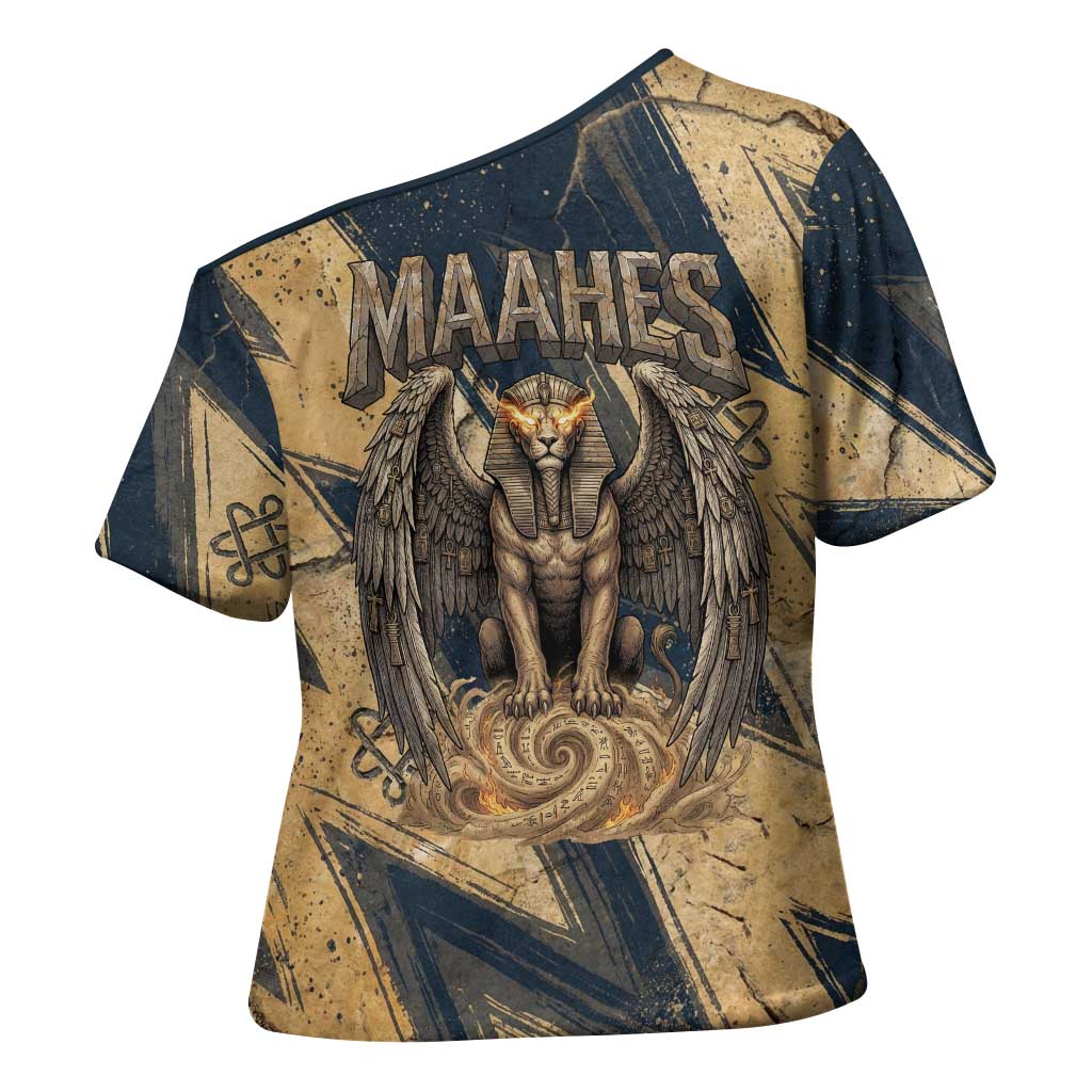 Maahes Ancient Egyptian Cross Shoulder Shirt Geometric Pattern Winged Lion Deity, and Sacred Lotus Motif - African Pride