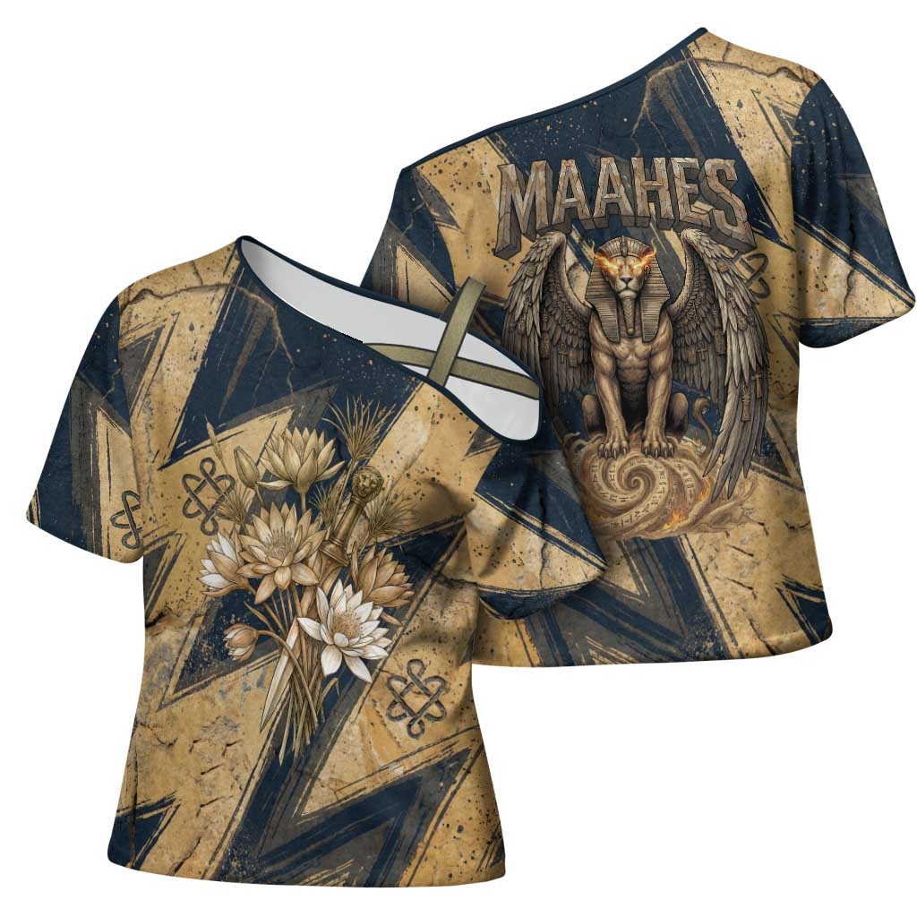 Maahes Ancient Egyptian Cross Shoulder Shirt Geometric Pattern Winged Lion Deity, and Sacred Lotus Motif - African Pride
