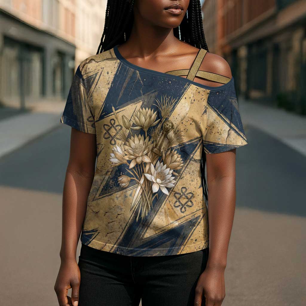 Maahes Ancient Egyptian Cross Shoulder Shirt Geometric Pattern Winged Lion Deity, and Sacred Lotus Motif - African Pride