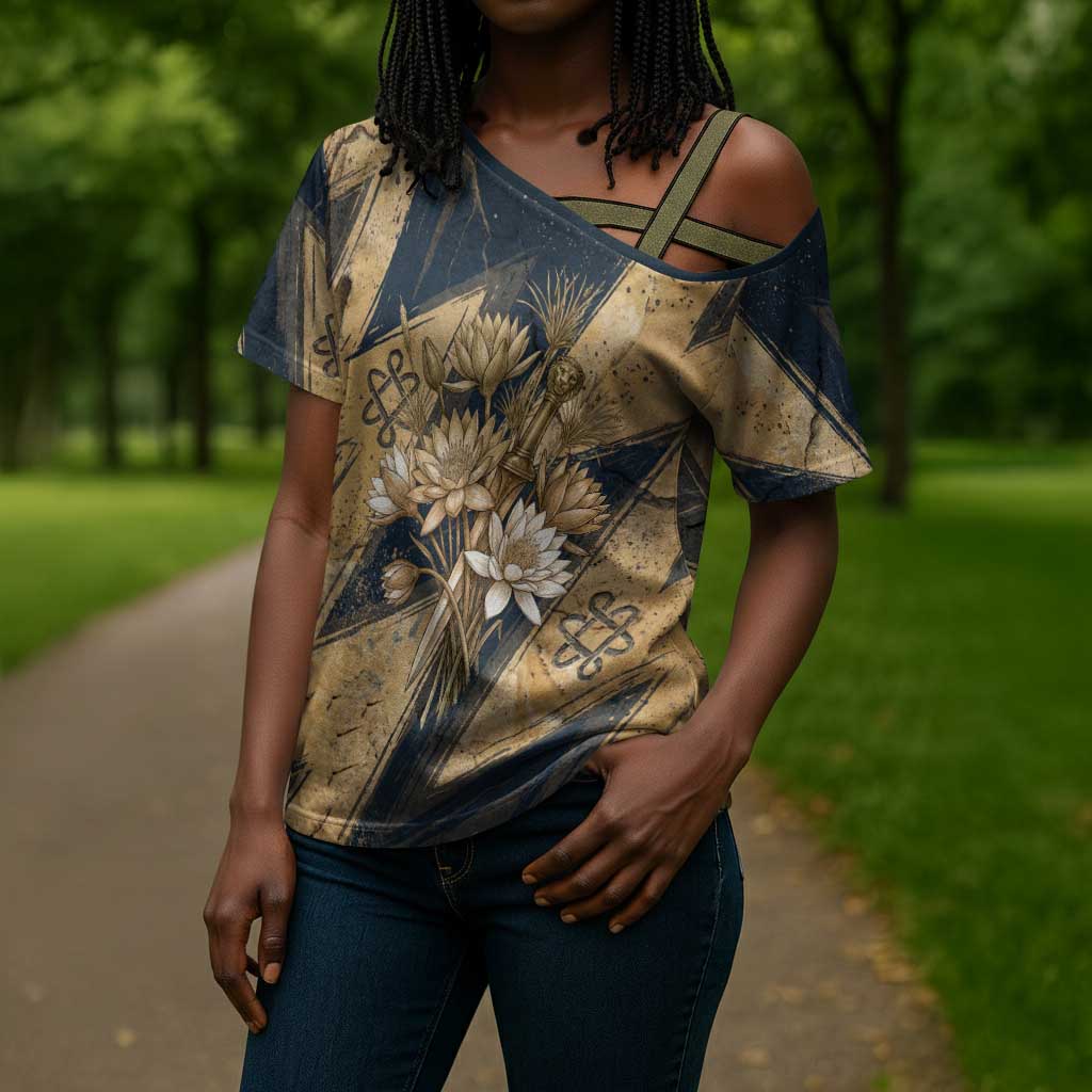 Maahes Ancient Egyptian Cross Shoulder Shirt Geometric Pattern Winged Lion Deity, and Sacred Lotus Motif - African Pride