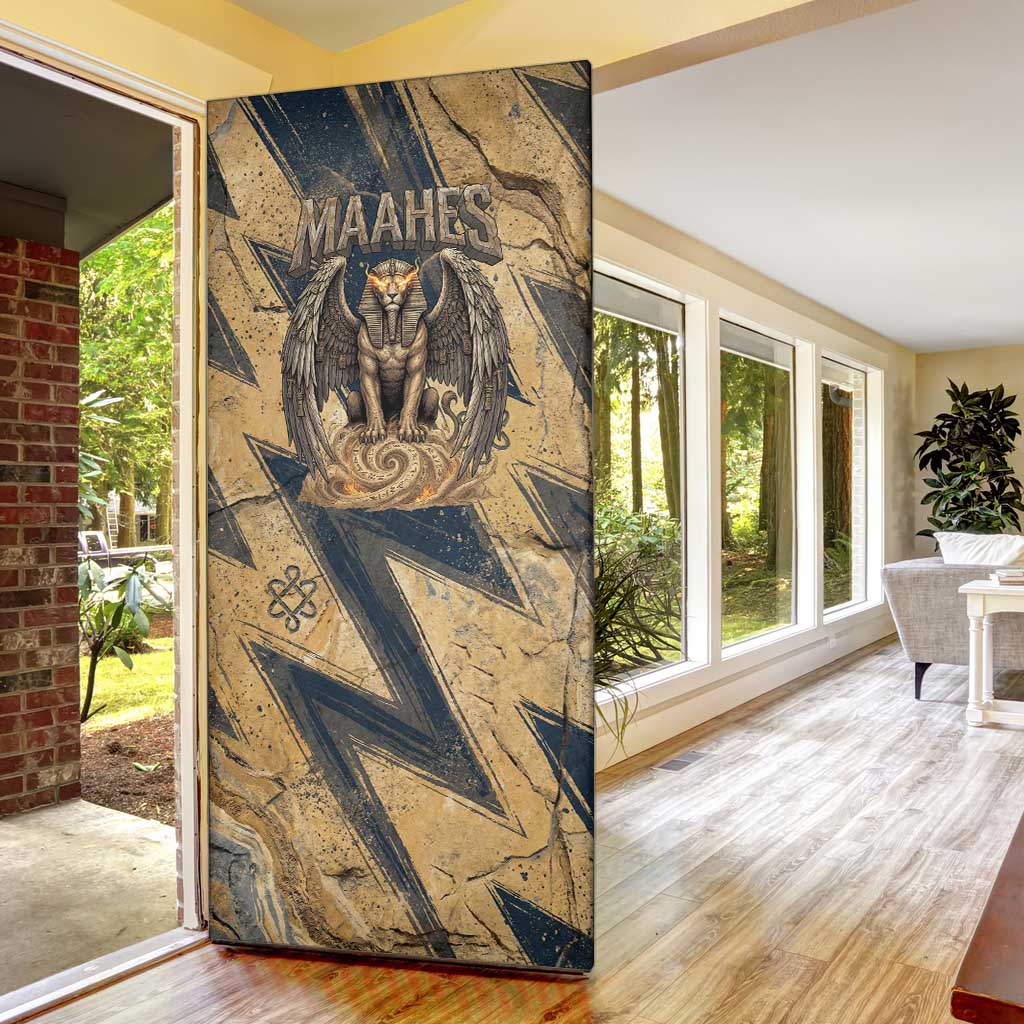 Maahes Ancient Egyptian Door Cover Geometric Pattern Winged Lion Deity, and Sacred Lotus Motif - African Pride