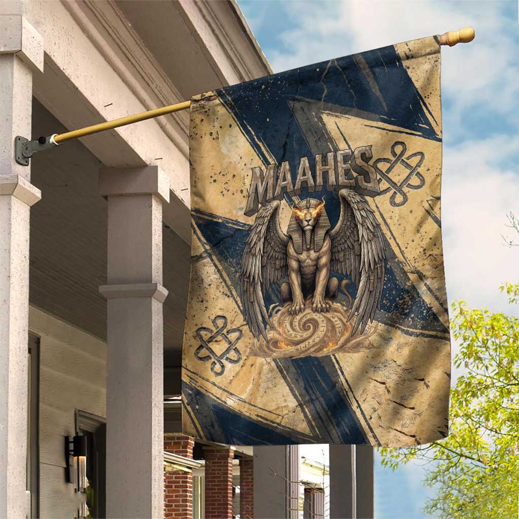 Maahes Ancient Egyptian Garden Flag Geometric Pattern Winged Lion Deity, and Sacred Lotus Motif - African Pride