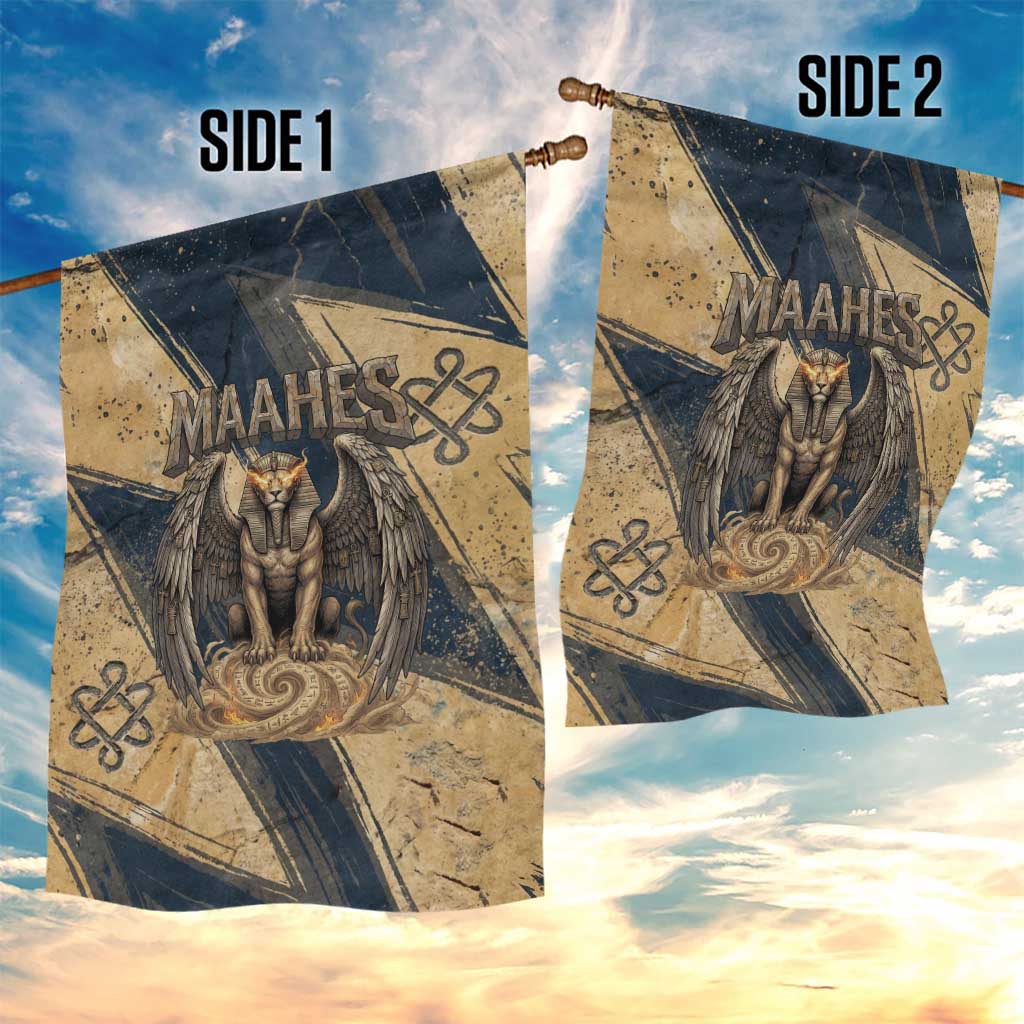 Maahes Ancient Egyptian Garden Flag Geometric Pattern Winged Lion Deity, and Sacred Lotus Motif - African Pride