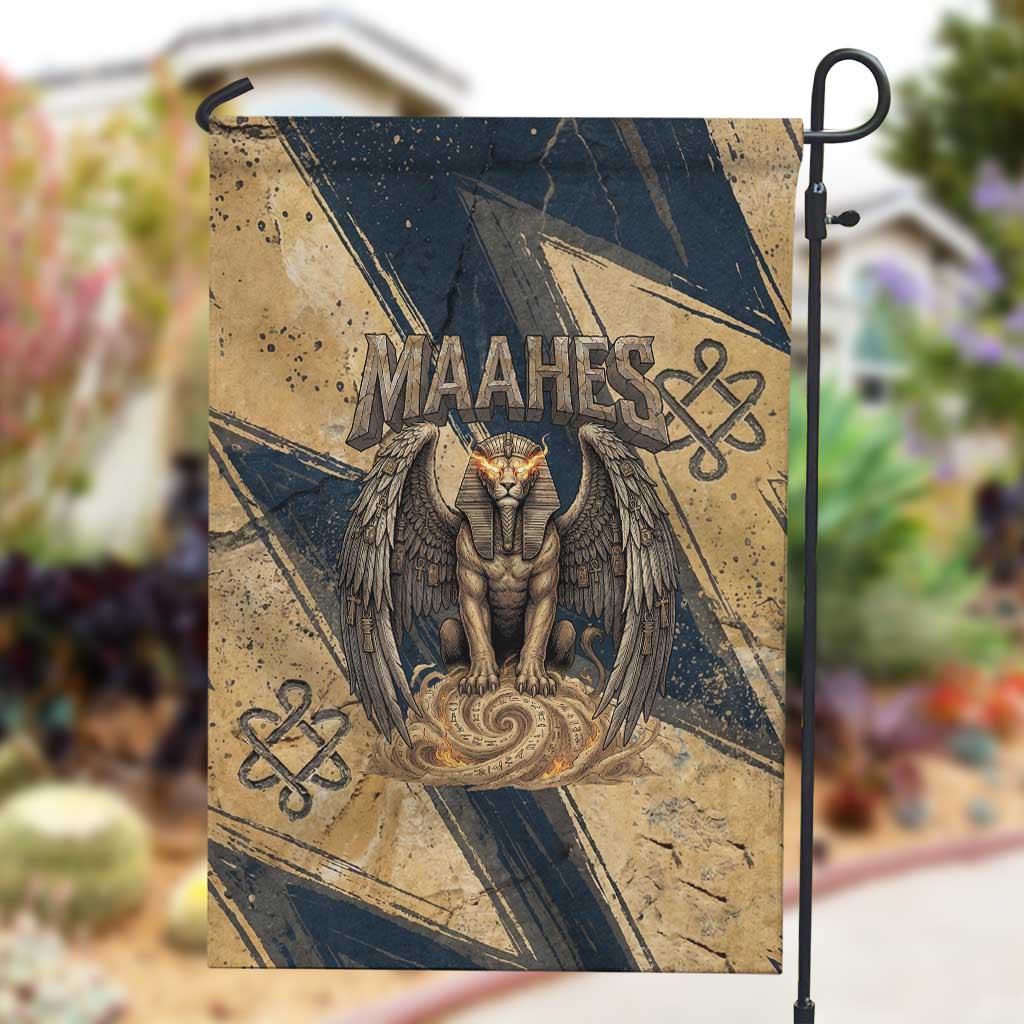 Maahes Ancient Egyptian Garden Flag Geometric Pattern Winged Lion Deity, and Sacred Lotus Motif - African Pride
