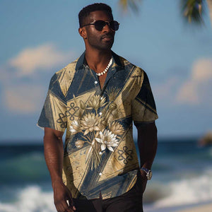 Maahes Ancient Egyptian Hawaiian Shirt Geometric Pattern Winged Lion Deity, and Sacred Lotus Motif - African Pride