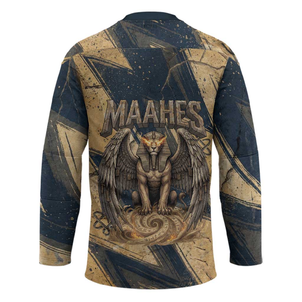 Maahes Ancient Egyptian Hockey Jersey Geometric Pattern Winged Lion Deity, and Sacred Lotus Motif - African Pride
