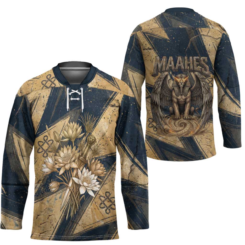 Maahes Ancient Egyptian Hockey Jersey Geometric Pattern Winged Lion Deity, and Sacred Lotus Motif - African Pride