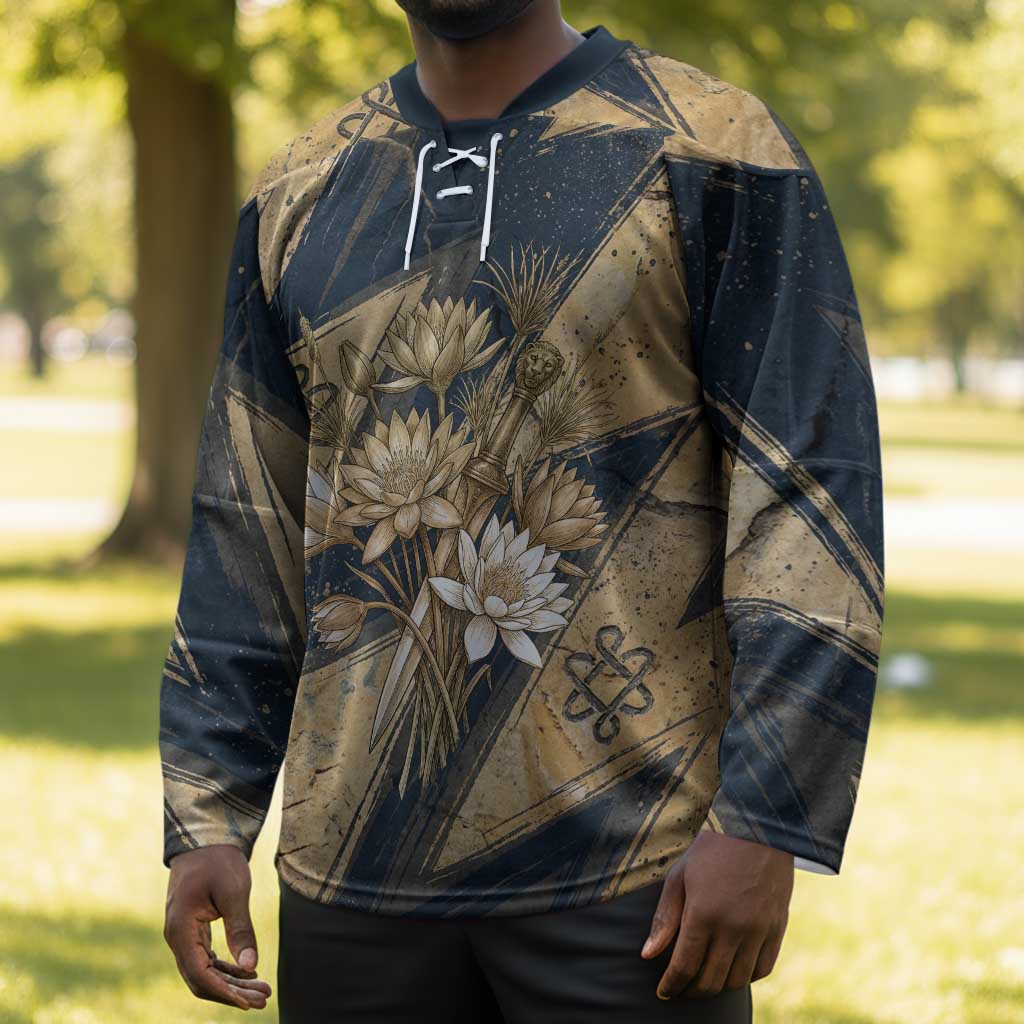 Maahes Ancient Egyptian Hockey Jersey Geometric Pattern Winged Lion Deity, and Sacred Lotus Motif - African Pride