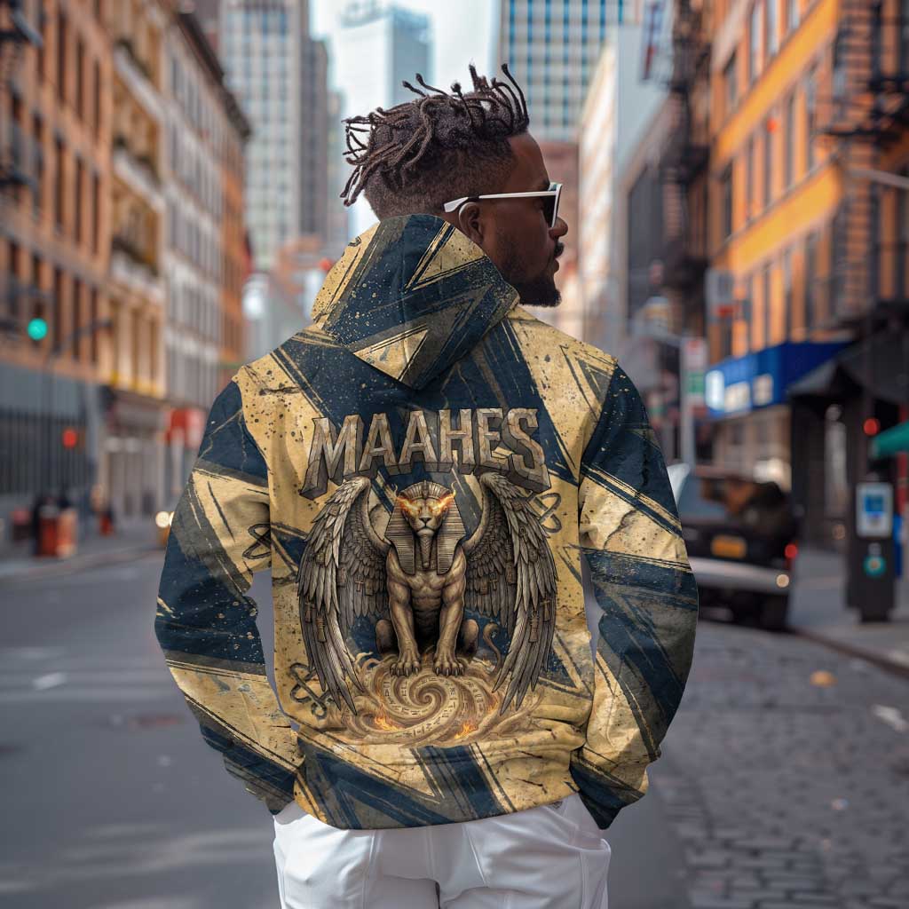 Maahes Ancient Egyptian Hoodie Geometric Pattern Winged Lion Deity, and Sacred Lotus Motif - African Pride