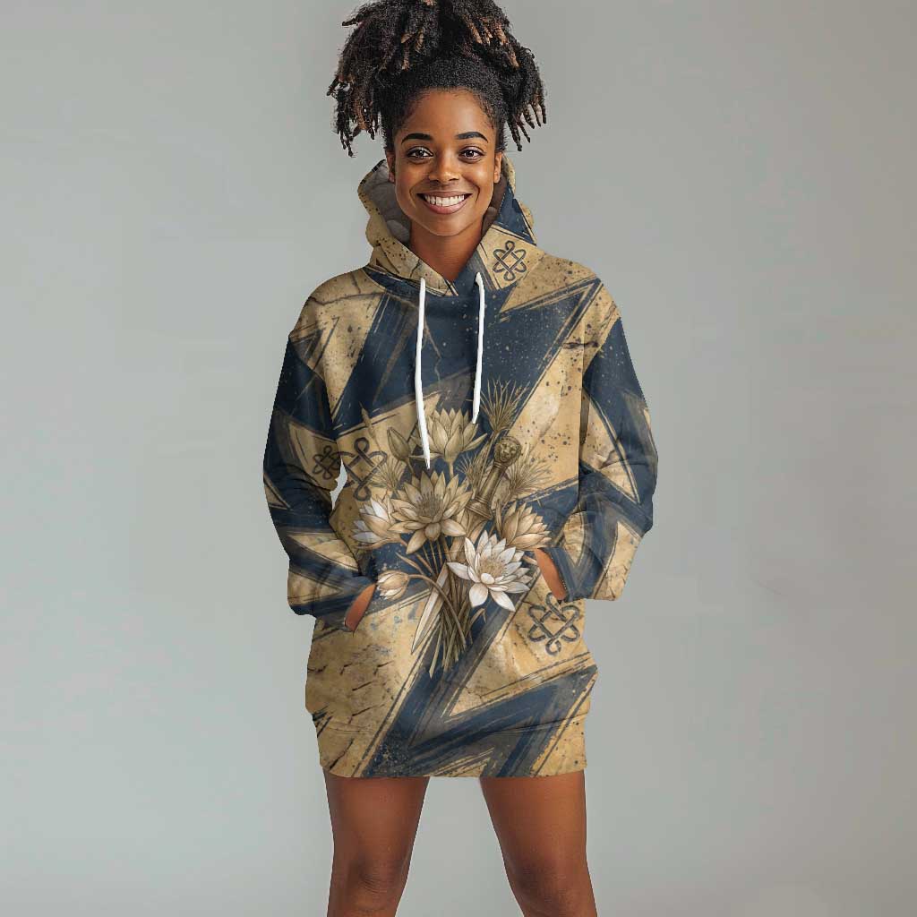 Maahes Ancient Egyptian Hoodie Dress Geometric Pattern Winged Lion Deity, and Sacred Lotus Motif - African Pride