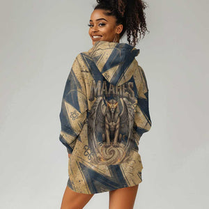 Maahes Ancient Egyptian Hoodie Dress Geometric Pattern Winged Lion Deity, and Sacred Lotus Motif - African Pride