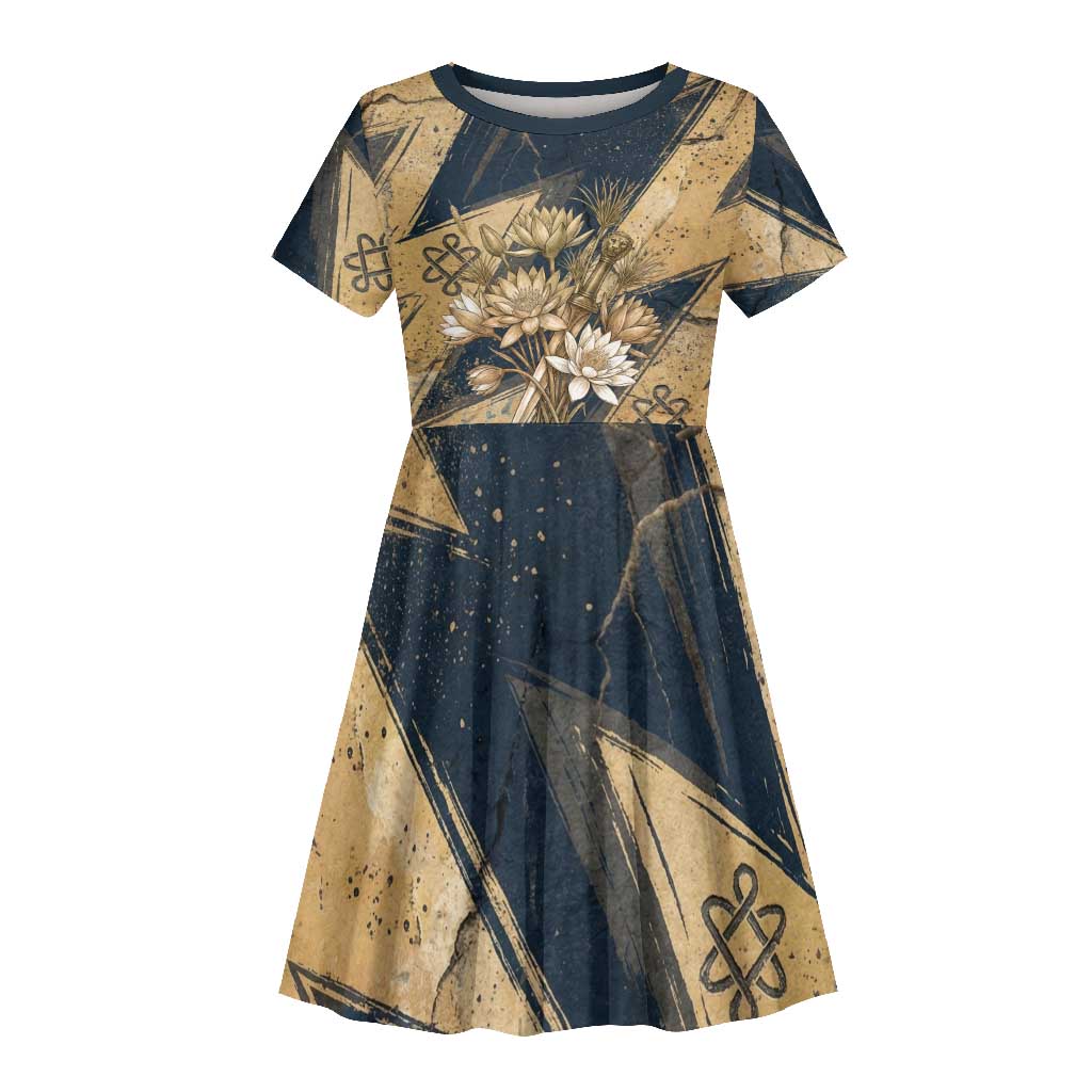 Maahes Ancient Egyptian Kid Short Sleeve Dress Geometric Pattern Winged Lion Deity, and Sacred Lotus Motif - African Pride