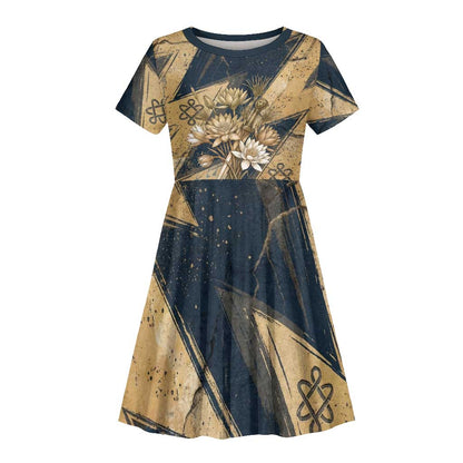 Maahes Ancient Egyptian Kid Short Sleeve Dress Geometric Pattern Winged Lion Deity, and Sacred Lotus Motif - African Pride