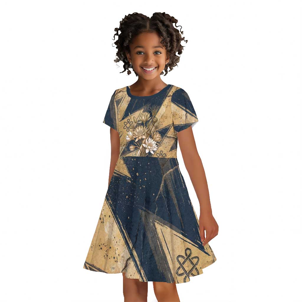 Maahes Ancient Egyptian Kid Short Sleeve Dress Geometric Pattern Winged Lion Deity, and Sacred Lotus Motif - African Pride