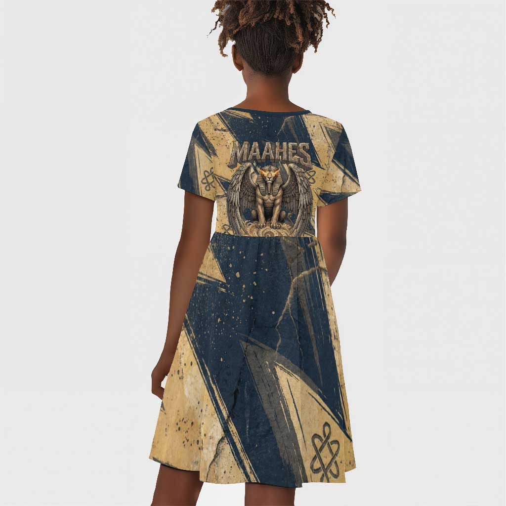 Maahes Ancient Egyptian Kid Short Sleeve Dress Geometric Pattern Winged Lion Deity, and Sacred Lotus Motif - African Pride