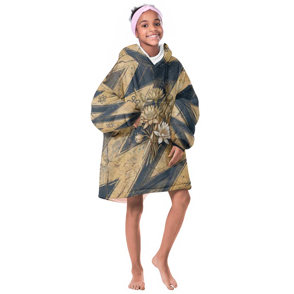 Maahes Ancient Egyptian Kid Wearable Blanket Hoodie Geometric Pattern Winged Lion Deity, and Sacred Lotus Motif - African Pride