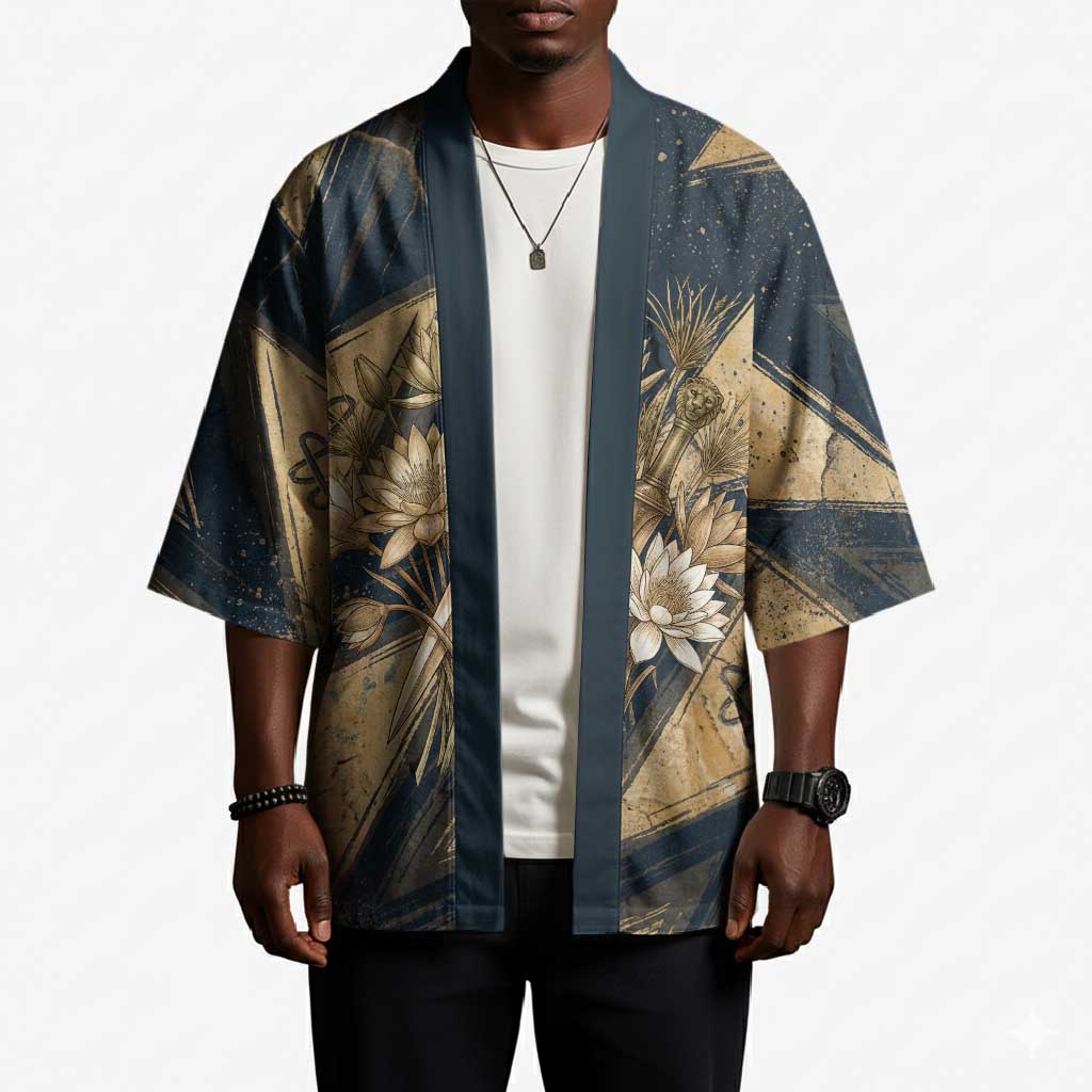 Maahes Ancient Egyptian Kimono Geometric Pattern Winged Lion Deity, and Sacred Lotus Motif - African Pride