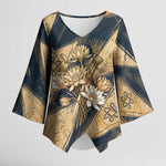Maahes Ancient Egyptian Kimono Sleeve Blouse Geometric Pattern Winged Lion Deity, and Sacred Lotus Motif - African Pride