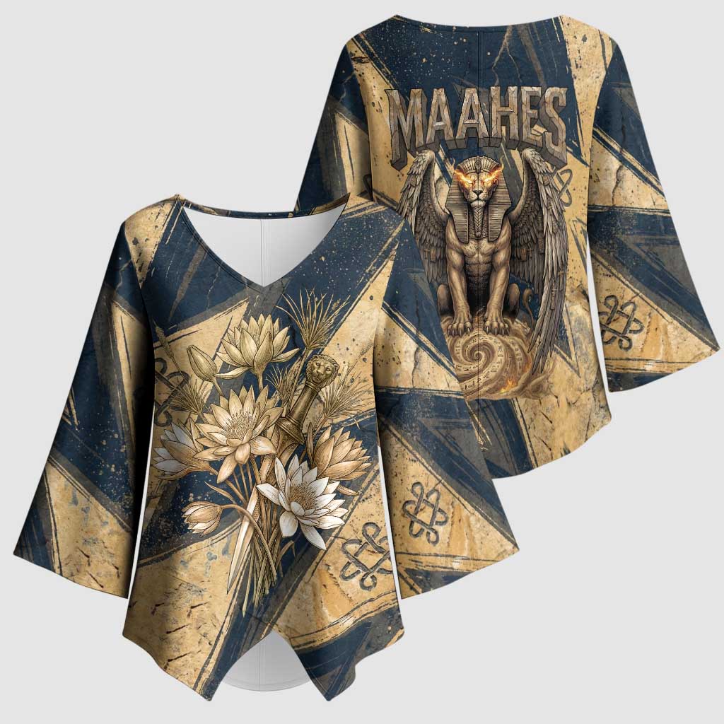 Maahes Ancient Egyptian Kimono Sleeve Blouse Geometric Pattern Winged Lion Deity, and Sacred Lotus Motif - African Pride